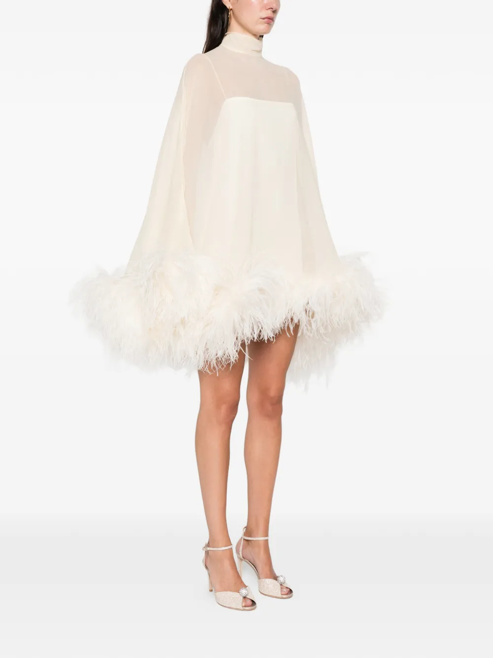 Taller Marmo Feather-detail High-neck Mini Dress In Neutral