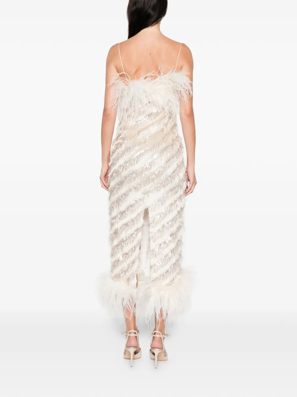 Taller Marmo Feather-trim Midi Dress In White
