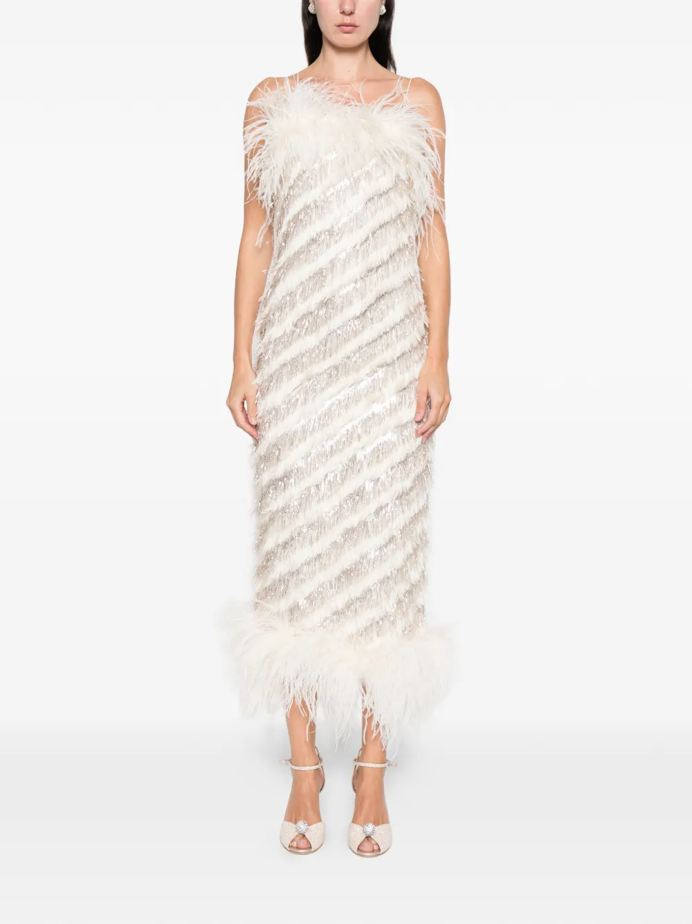 Taller Marmo feather-trim midi dress - Beige