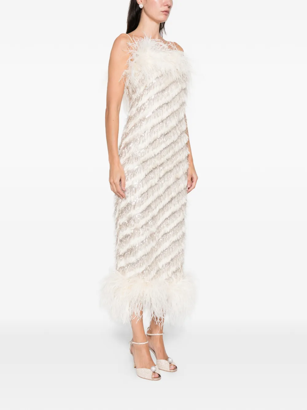 Taller Marmo Feather-trim Midi Dress In White