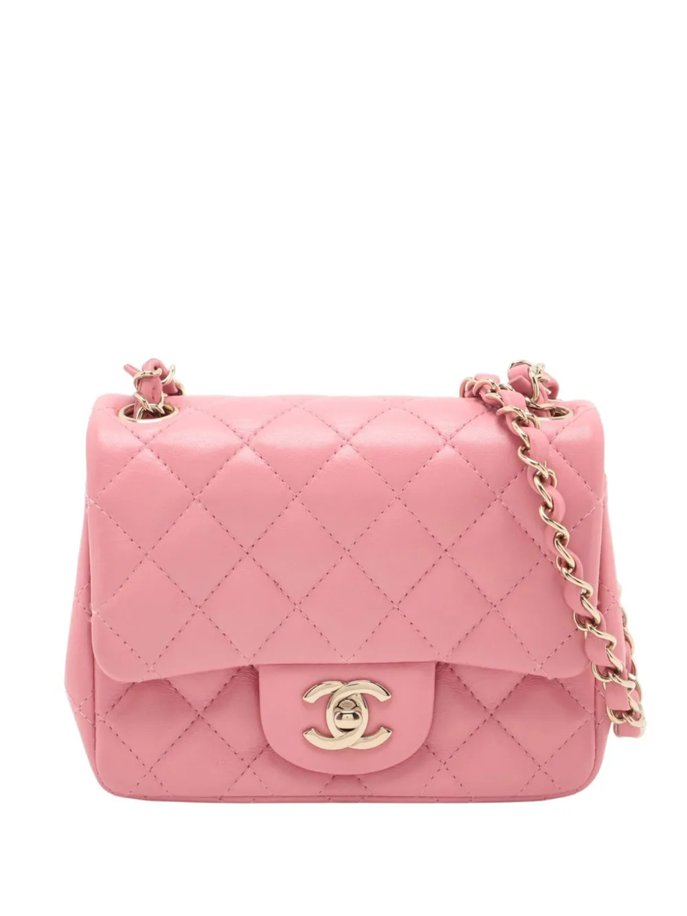 Pre-owned Chanel 2021-2025 Mini Square Classic Lambskin Single Flap Crossbody Bag In Pink