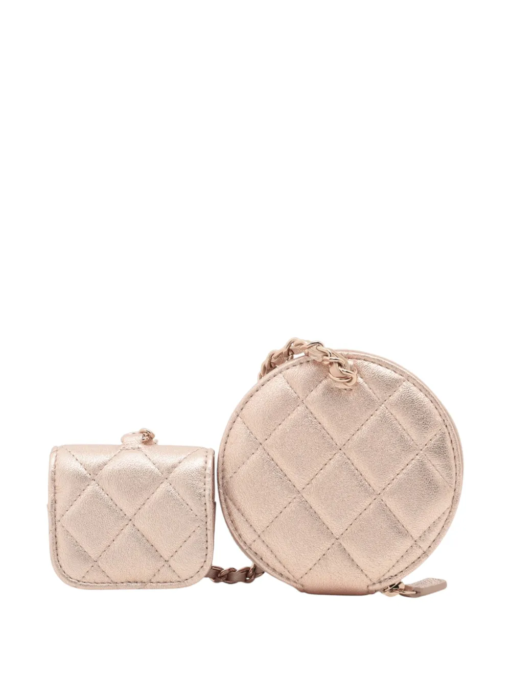 Pre-owned Chanel 2021-2025 Cc Quilted Metallic Lambskin And Airpods Pro Case Coin Pouch In Pink