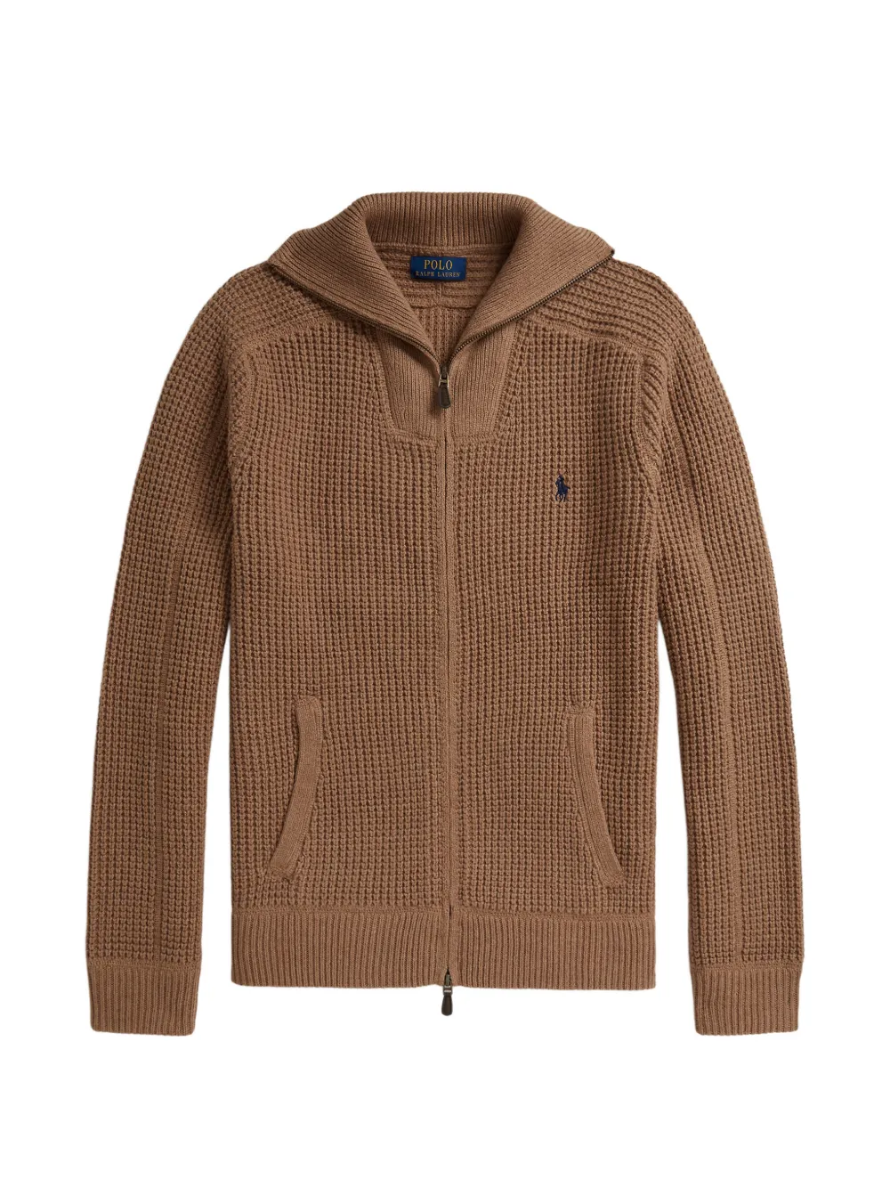 Polo Ralph Lauren Waffle-Knit Wool-Cotton Full-Zip Sweater|Vietnam - Marrone