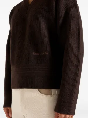 Remi logo-embroidery V-neck knit brown sweater 6