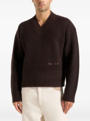 Remi logo-embroidery V-neck knit brown sweater 4