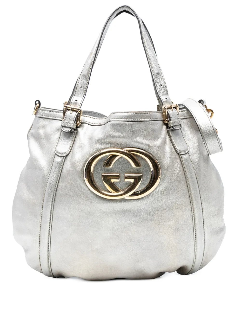 Pre-owned Gucci 2016-2025 Medium Metallic Calfskin Web Britt Satchel In Silver