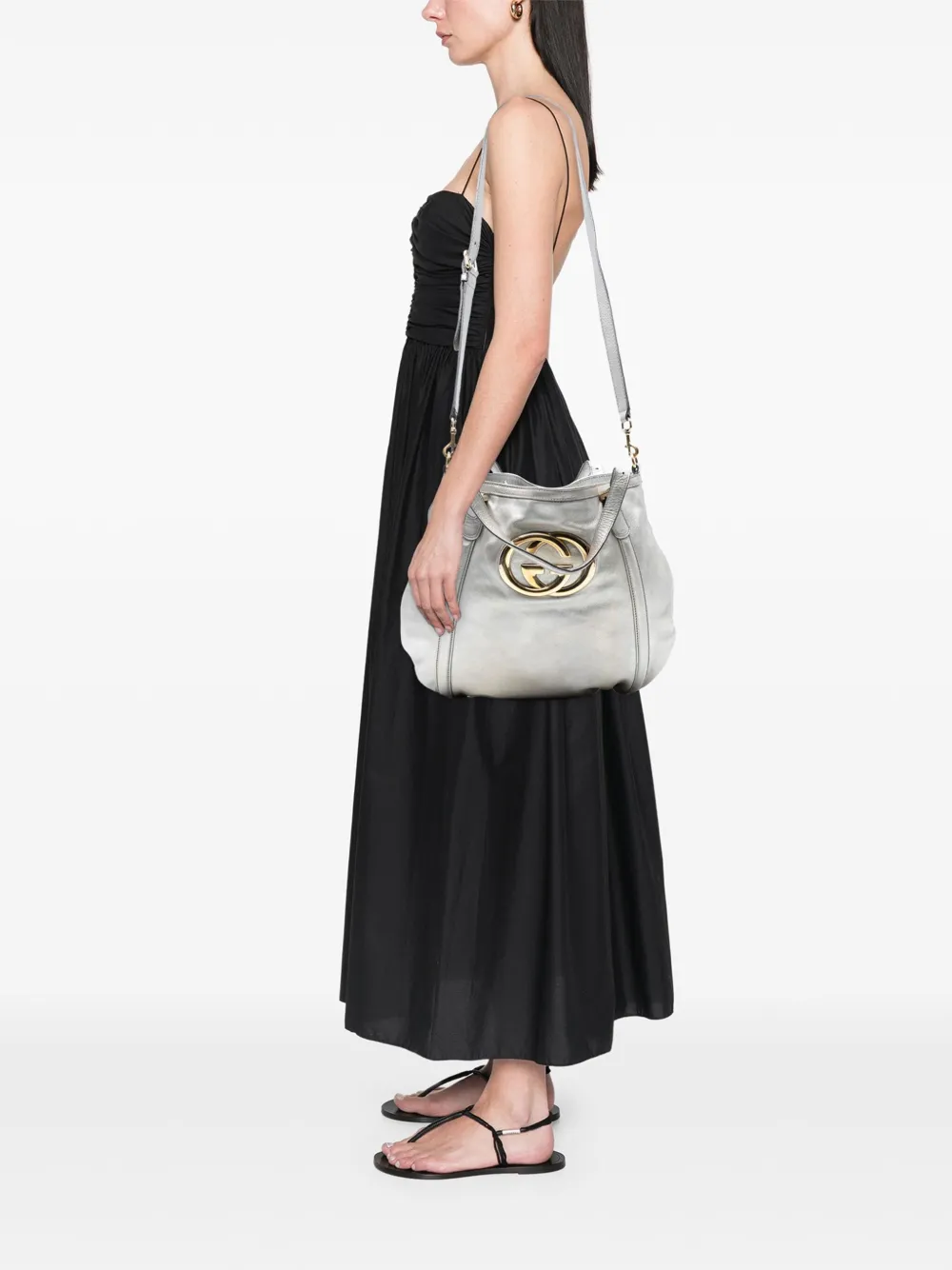 Pre-owned Gucci 2016-2025 Medium Metallic Calfskin Web Britt Satchel In Silver