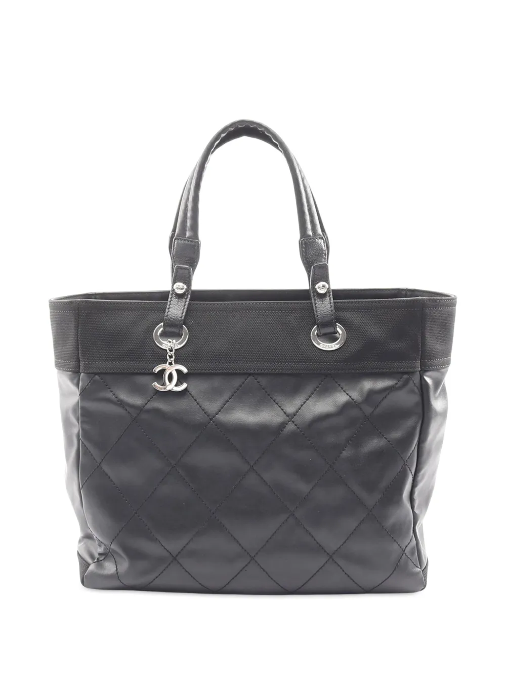 Pre-owned Chanel 2009-2010 Medium Quilted Coated Canvas Paris Biarritz Tote Bag In Black