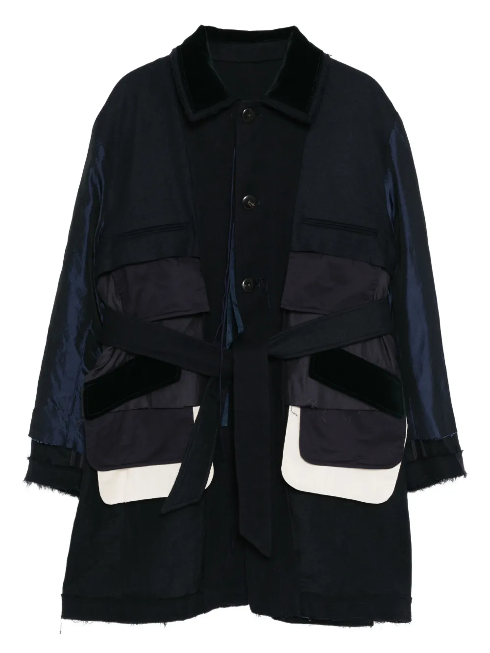 midorikawa patchwork belted coat - Blu