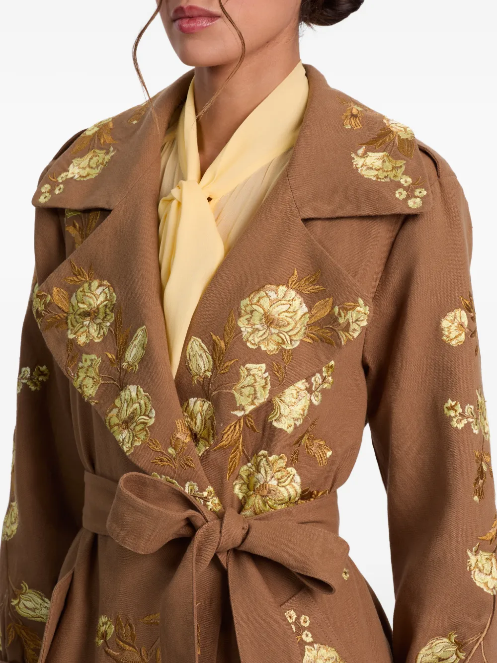 Alice And Olivia Nevada Floral-embroidered Trench Coat In Brown