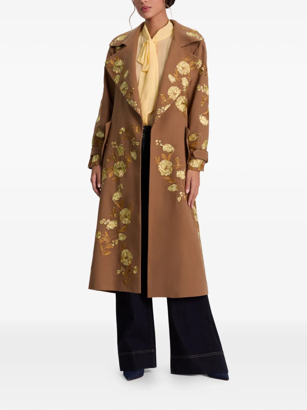 Alice And Olivia Nevada Floral-embroidered Trench Coat In Brown