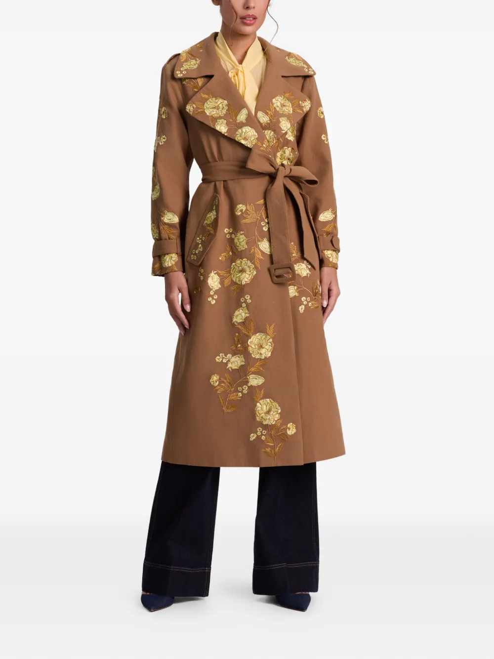 Alice And Olivia Nevada Floral-embroidered Trench Coat In Brown