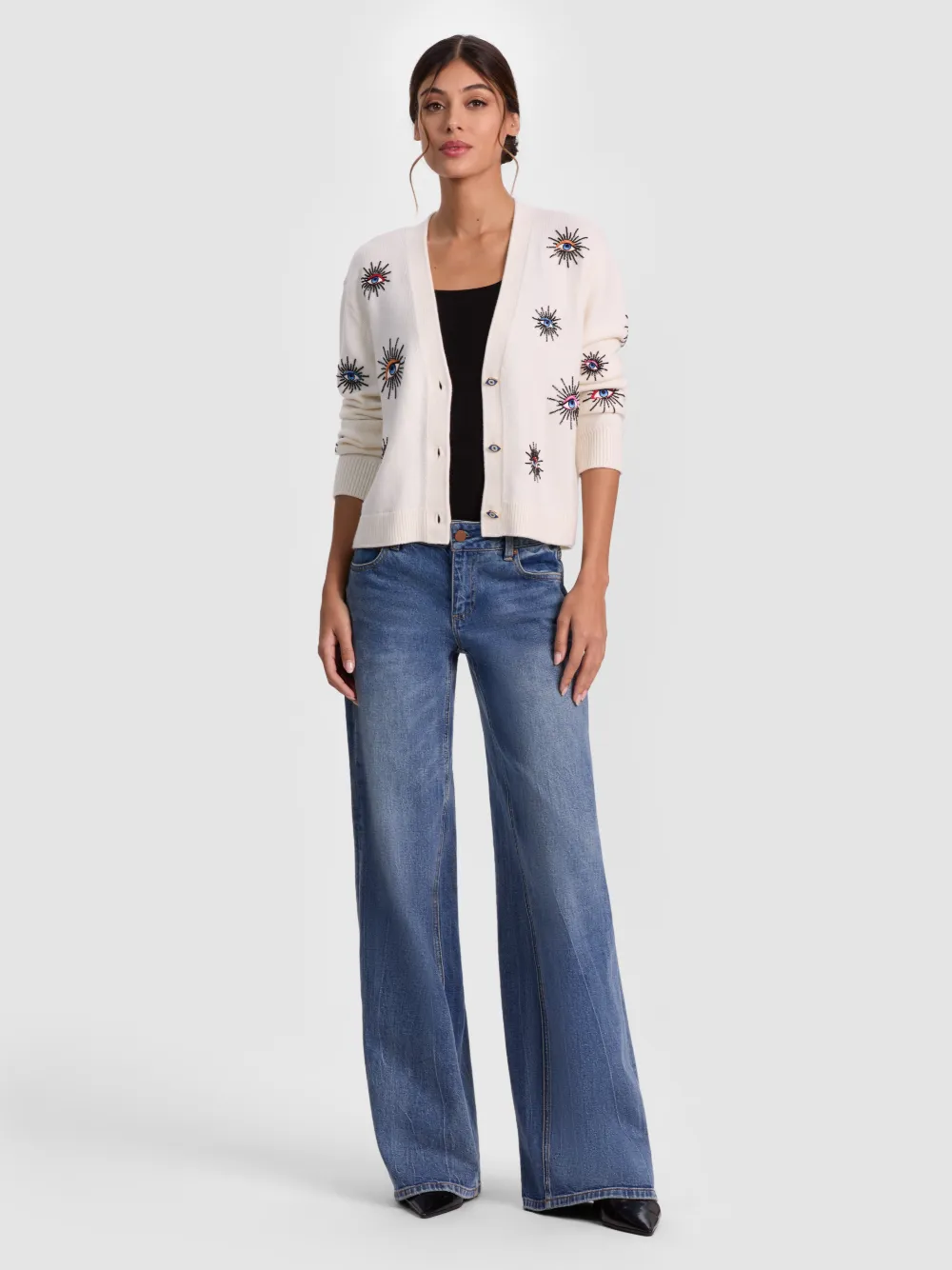 Alice And Olivia Bradley Short Embellished Cardigan In Gray