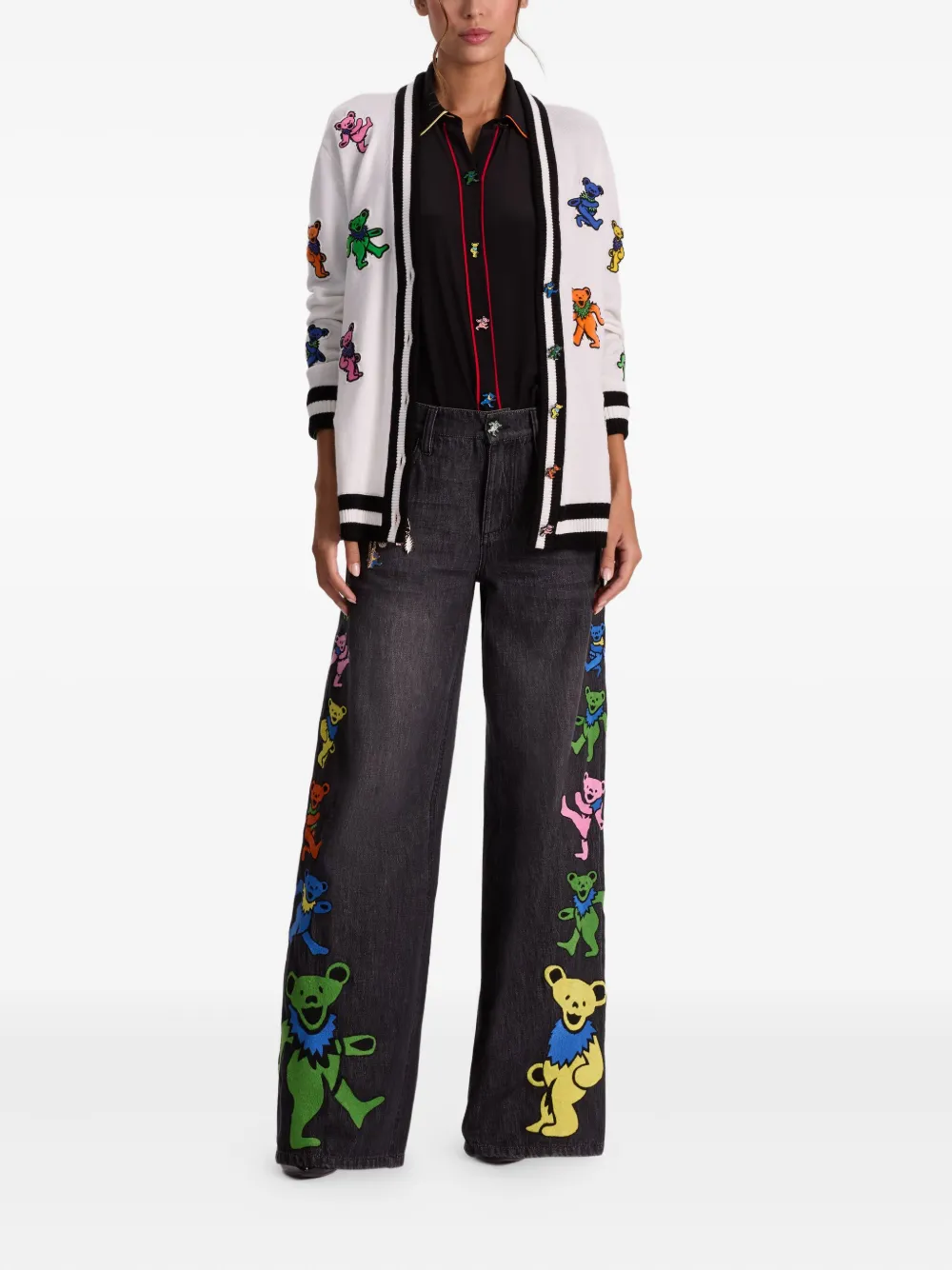 Alice And Olivia Bradford Bear-embroidered Cardigan In White