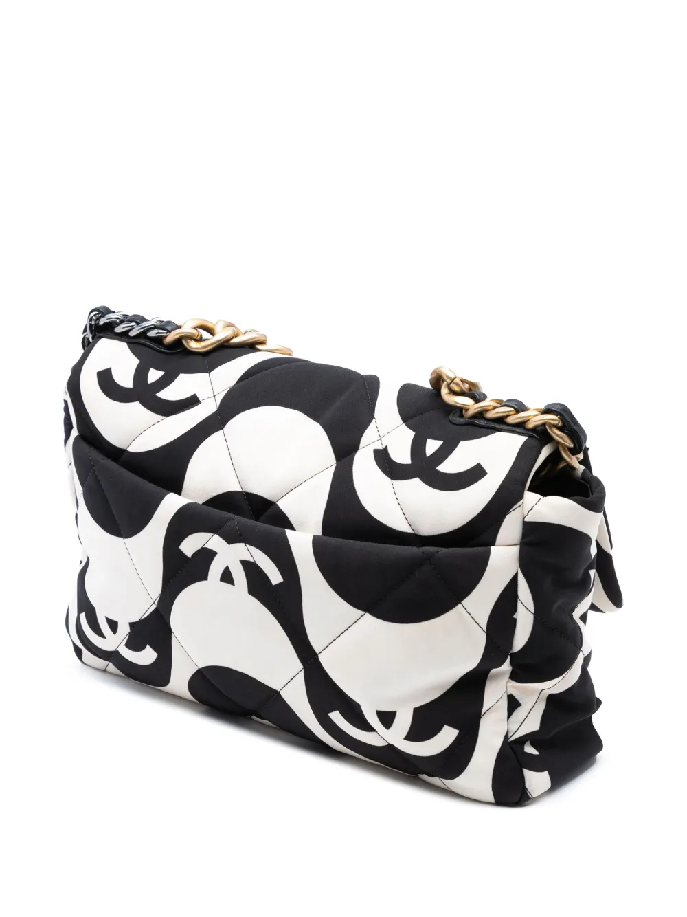 Pre-owned Chanel 2021 Large Printed Silk 19 Flap Satchel In Black