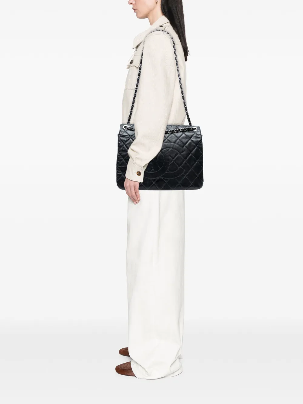 Pre-owned Chanel 2009-2010 Xl Cc Glazed Quilted Calfskin Single Flap Shoulder Bag In Black