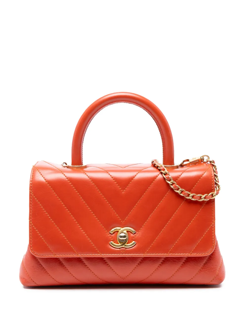 Pre-owned Chanel 2017-2018 Mini Chevron Lambskin Coco Top Handle Bag Satchel In Orange