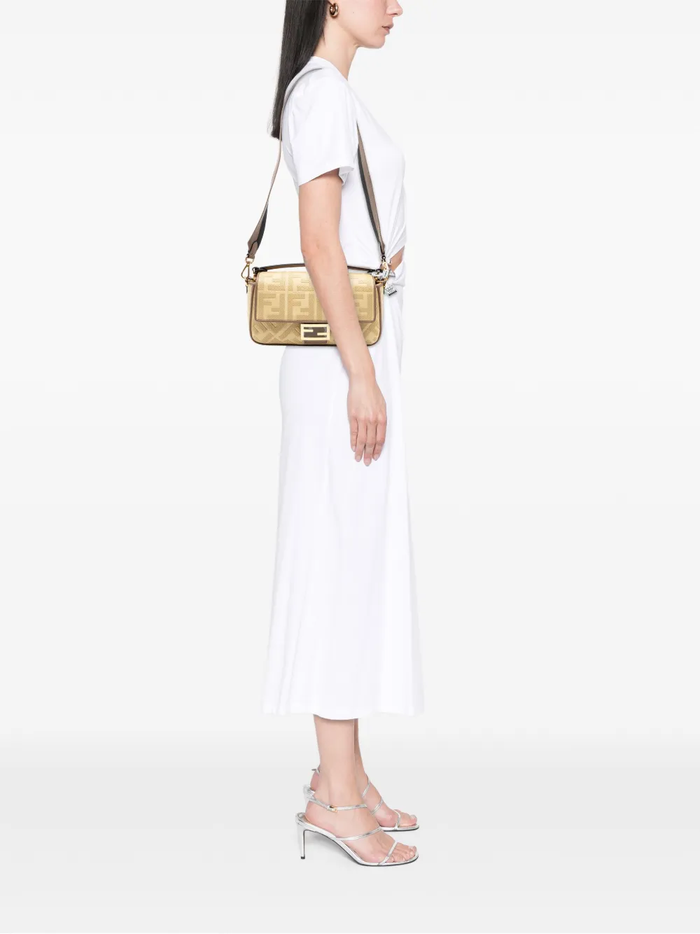 Pre-owned Fendi 2010-2025 Medium Embroidered Canvas Baguette Satchel In Brown