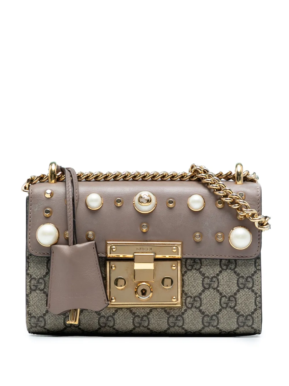 Gucci Pre-Owned 2016-2025 スモール GGスプリーム パールスタッズ パドロック ショルダーバッグ - ブラウン