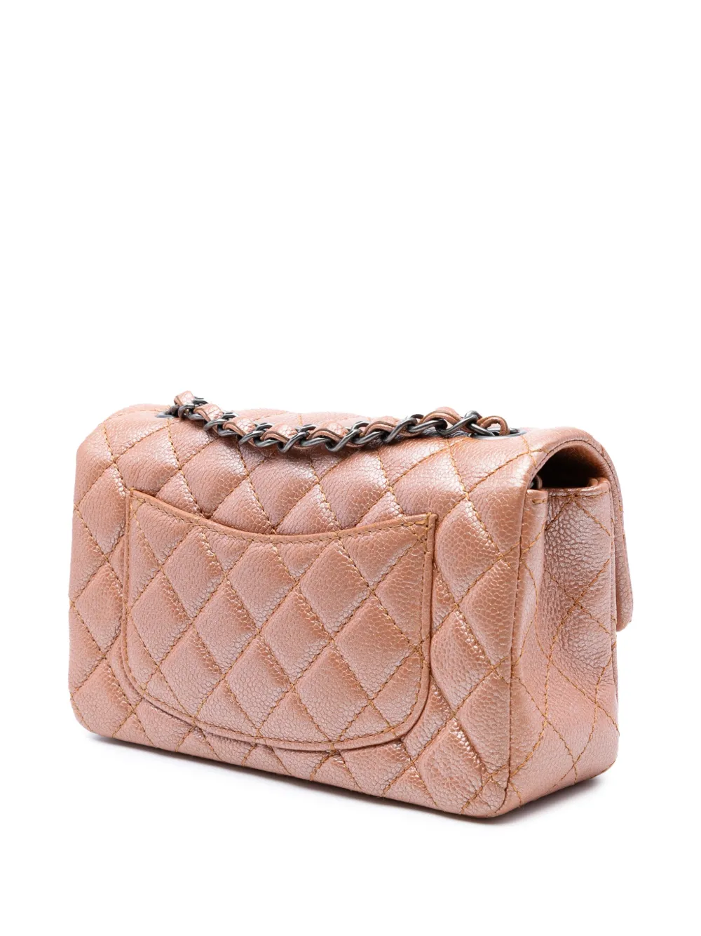  Chanel Pre-owned 2014-2015 Mini Rectangular Classic Metallic Caviar Single Flap Crossbody Bag - Pink 