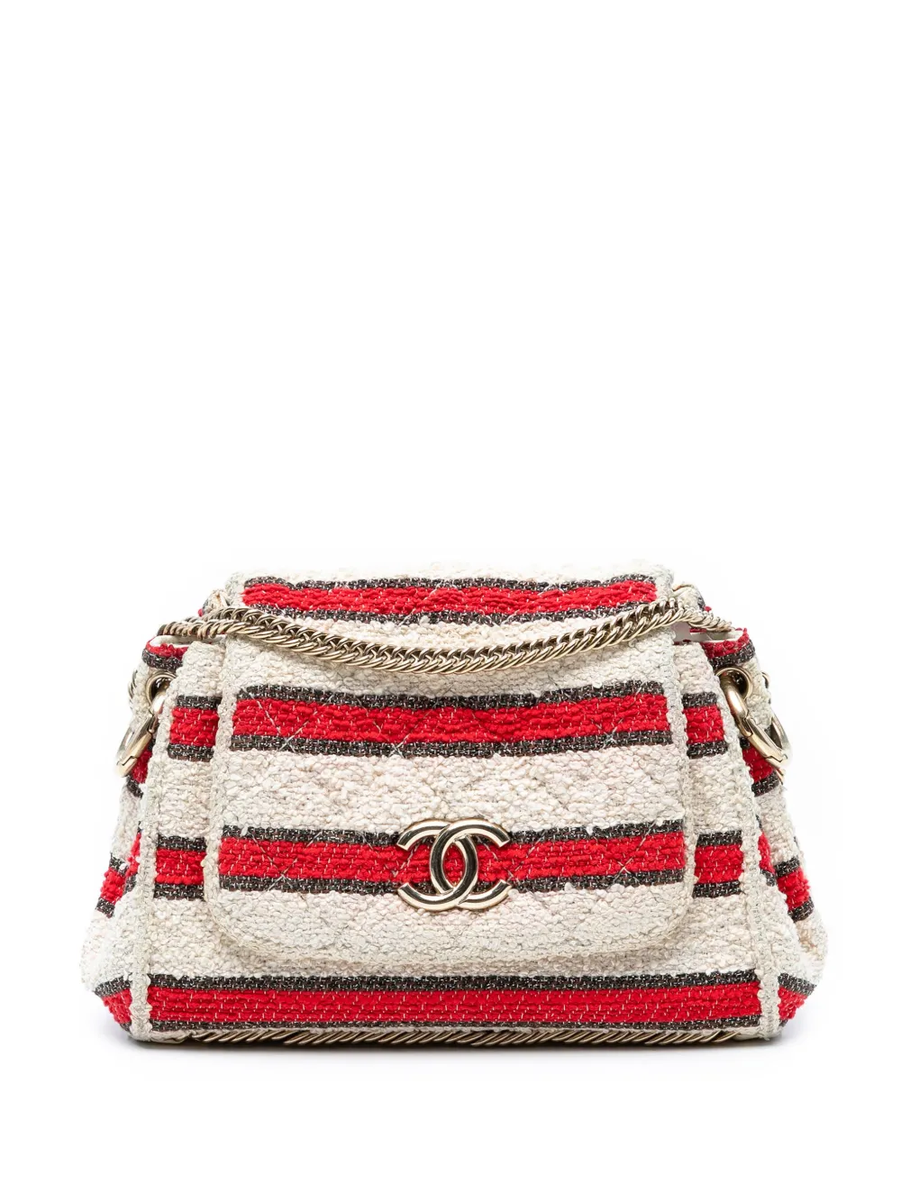 CHANEL Pre-Owned 2008-2009 ココマーク マトラッセ ツイード ストライプ シングルフラップ ショルダーバッグ -