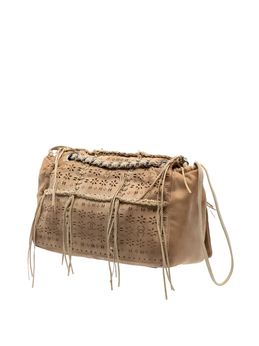 CHANEL Pre-owned 2010-2011 Perforated Suede Fringe Flap Shoulder Bag In Brown
