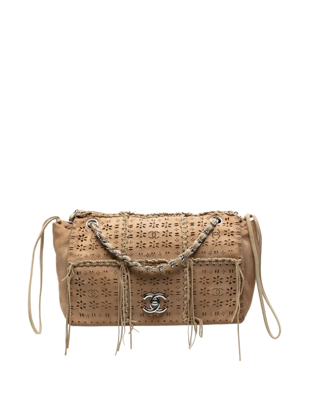 CHANEL Pre-owned 2010-2011 Perforated Suede Fringe Flap Shoulder Bag In Brown