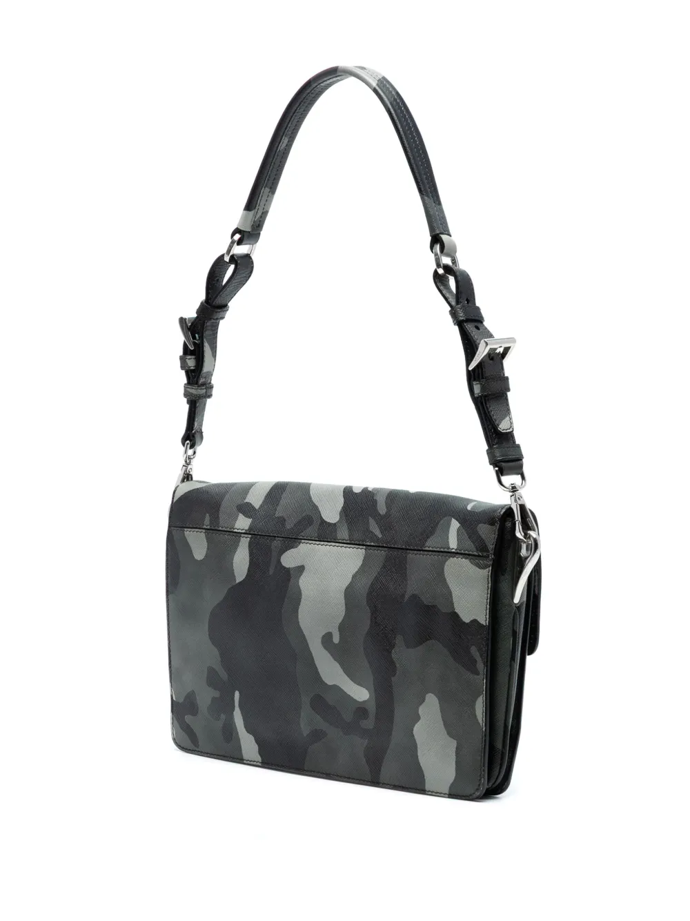 Pre-owned Prada 2000-2025 Saffiano Camouflage Sound Lock Shoulder Bag In Gray