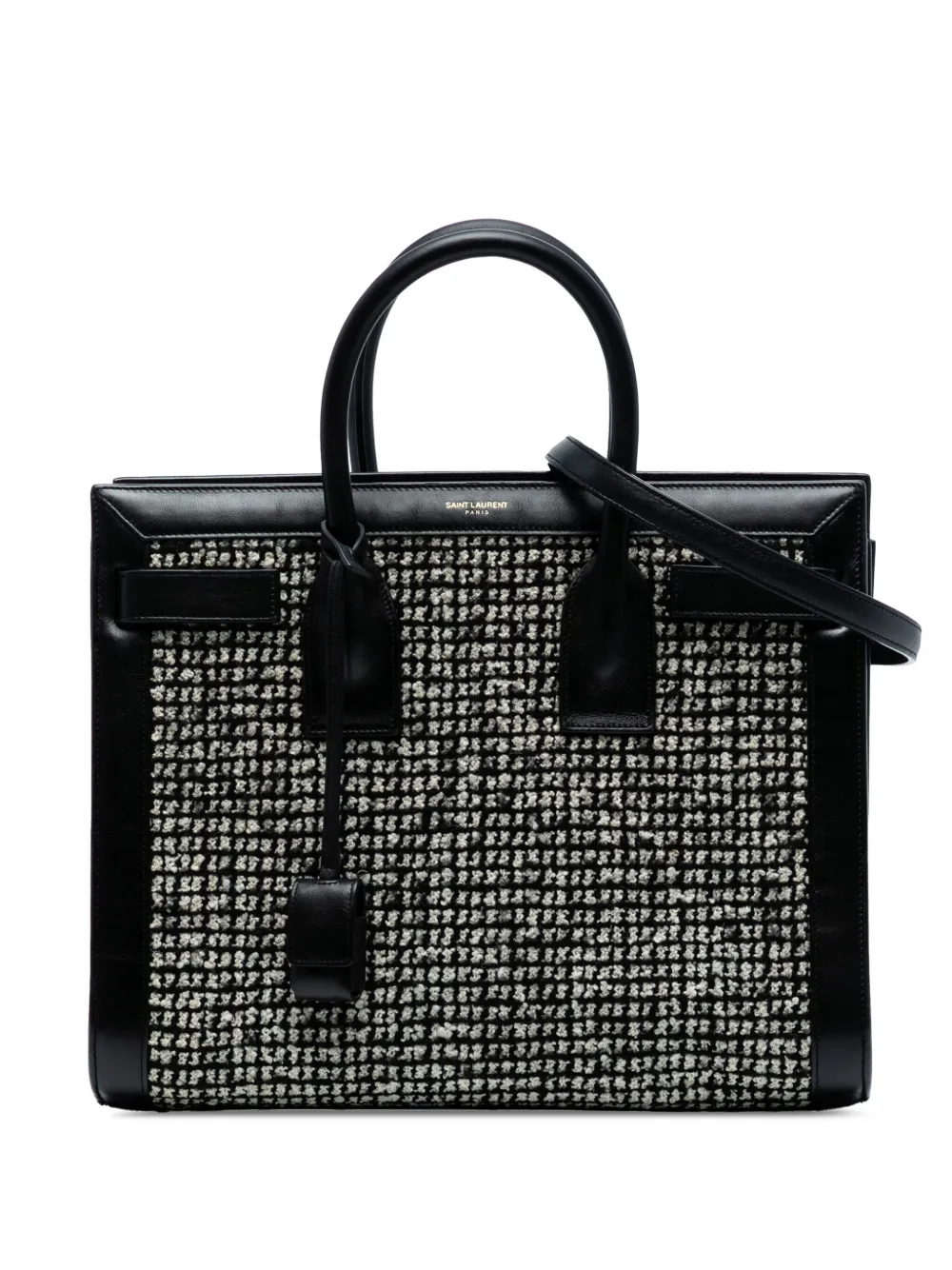 Pre-owned Saint Laurent 2014 Small Tweed Houndstooth Sac De Jour Satchel In Black