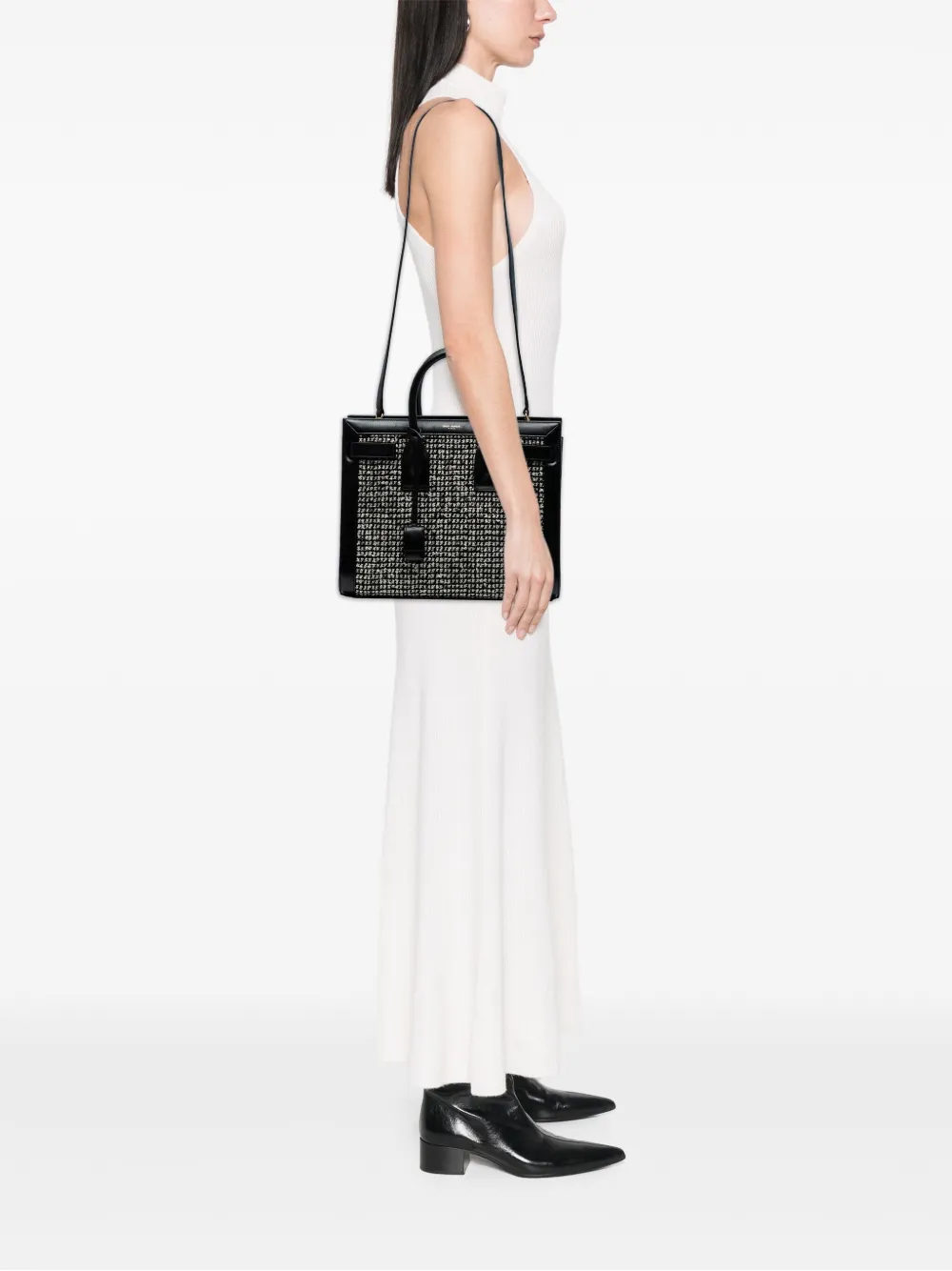 SAINT LAURENT Pre-owned 2014 Small Tweed Houndstooth Sac De Jour Satchel In Black