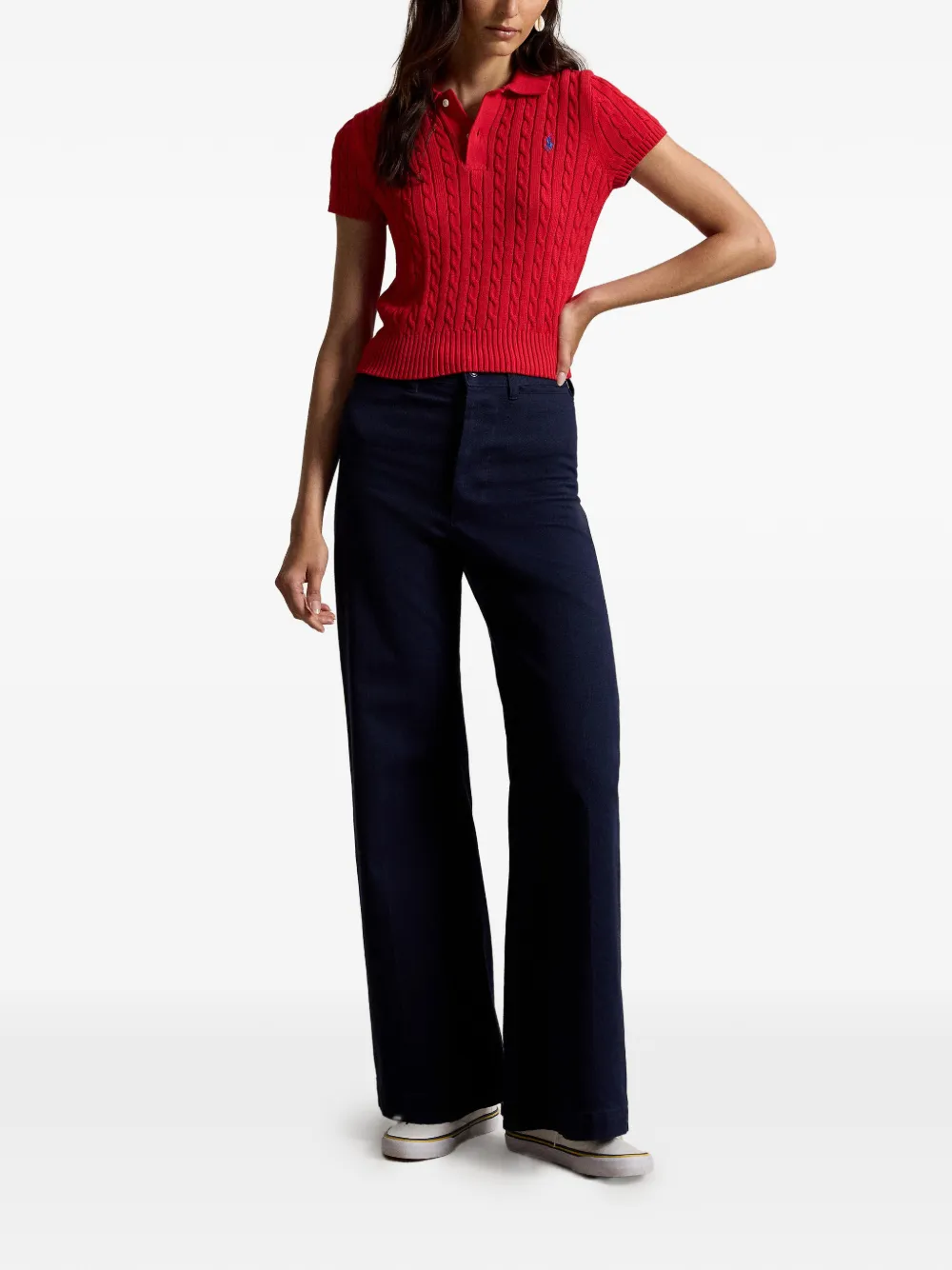 Polo Ralph Lauren Cropped cable-knit Polo Shirt | Red | FARFETCH