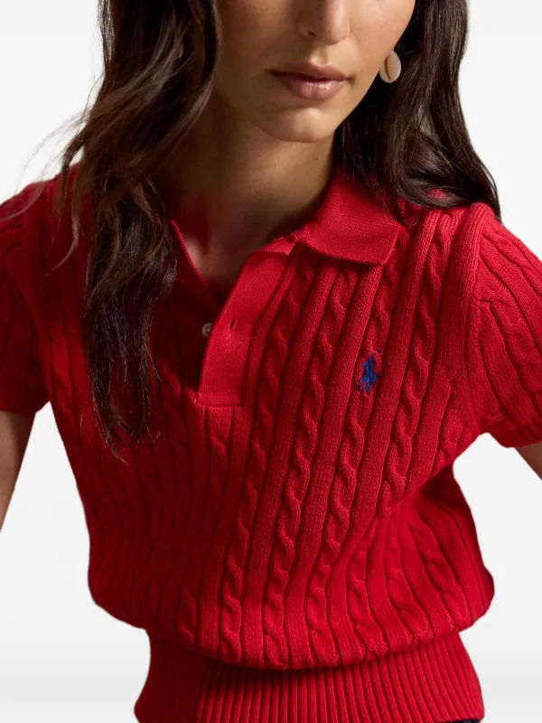 Polo Ralph Lauren Cropped cable-knit Polo Shirt | Red | FARFETCH IN