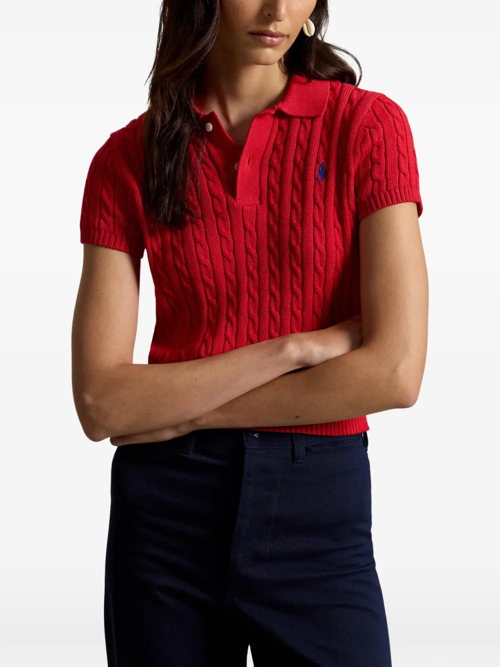 Polo Ralph Lauren Cropped cable-knit Polo Shirt | Red | FARFETCH