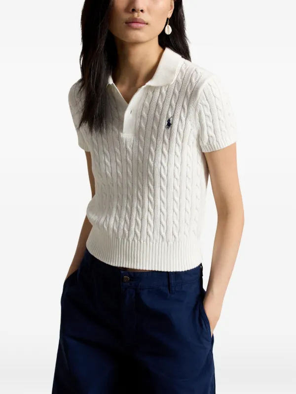 Polo Ralph Lauren 半袖 ポロシャツ ニット ホワイト Polo Ralph Lauren クロップド ケーブルニットポロシャツ | ホワイト