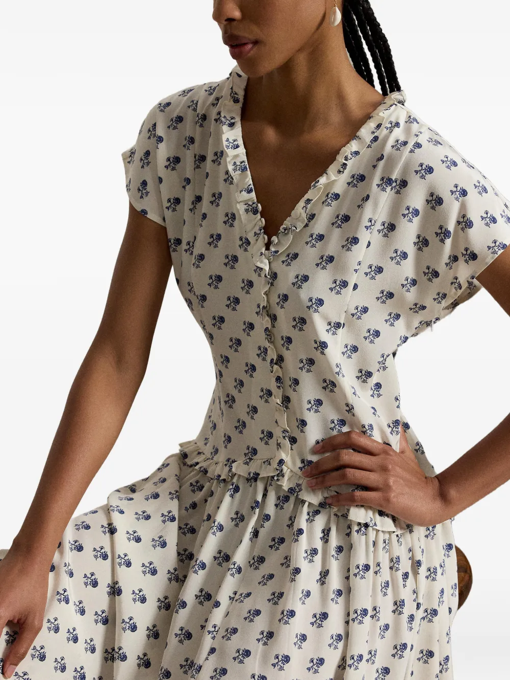 Polo Ralph Lauren Midi-jurk met ruches en bloemenprint Wit