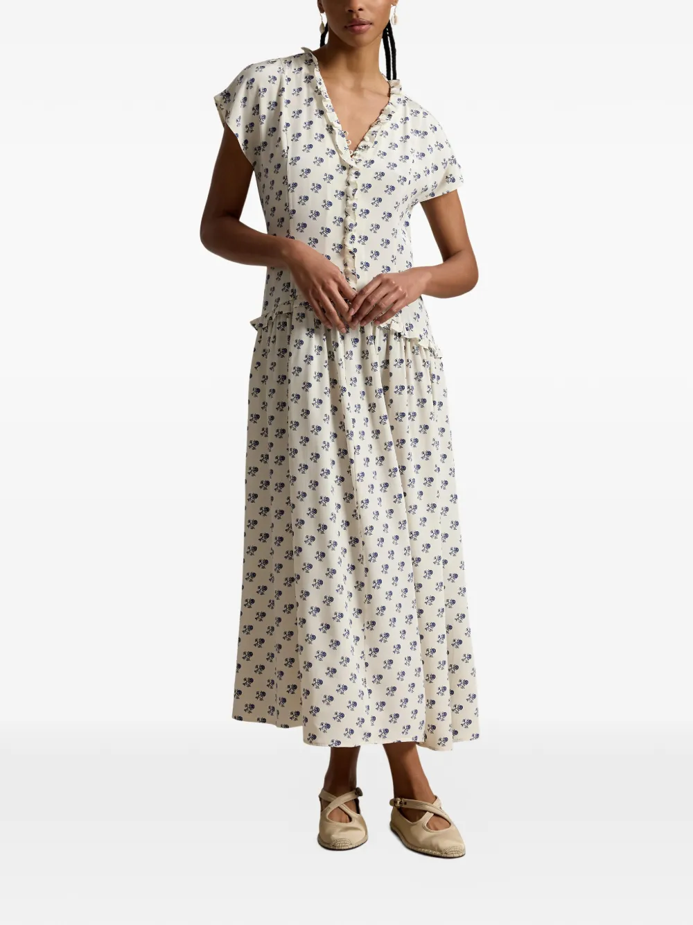 Polo Ralph Lauren Midi-jurk met ruches en bloemenprint Wit
