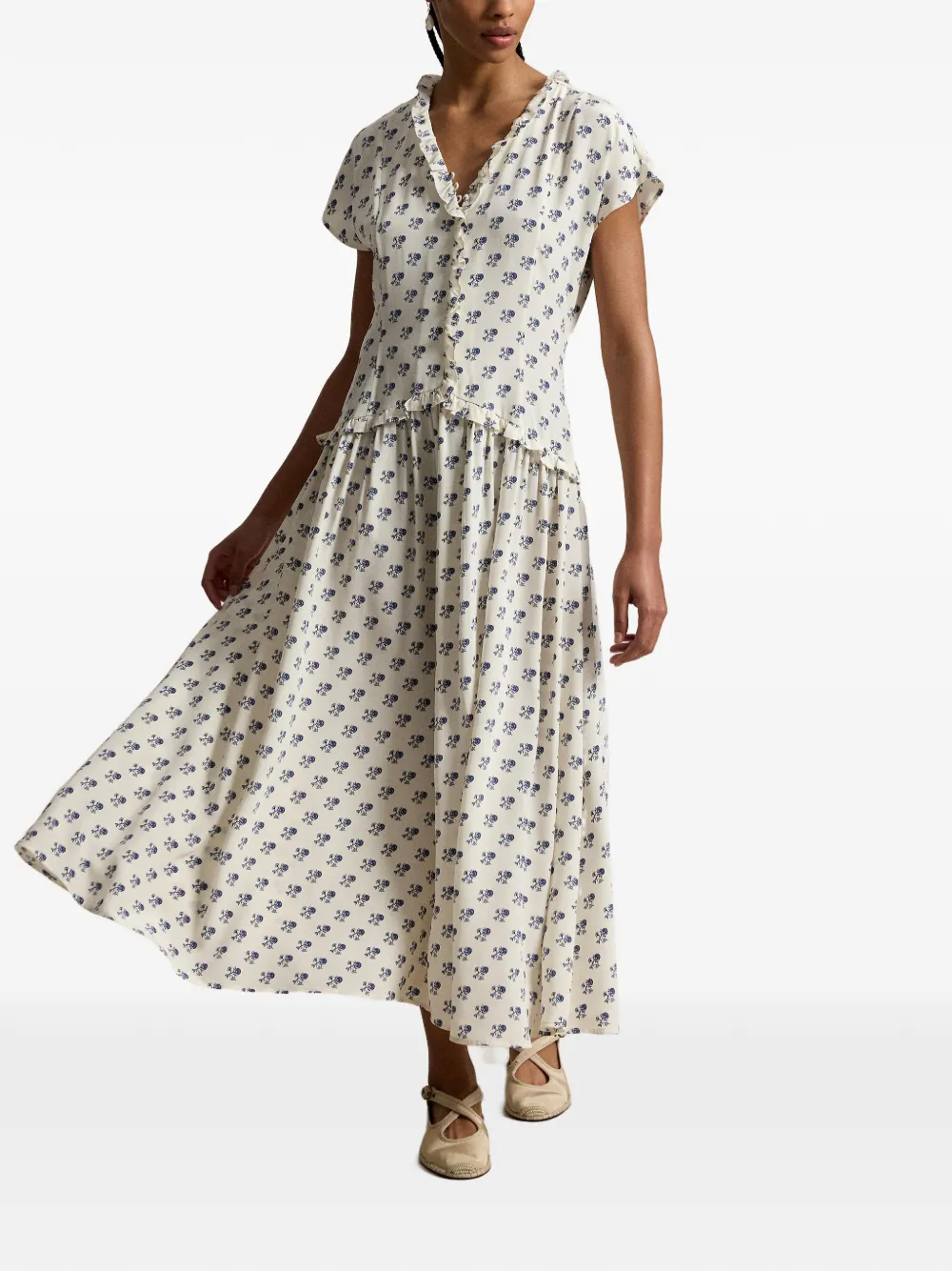 Polo Ralph Lauren Midi-jurk met ruches en bloemenprint Wit