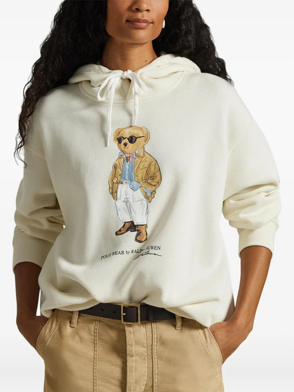 Polo Ralph Lauren Bear Hoodie Top Graphic Print Ribbed Cuffs In Neutral