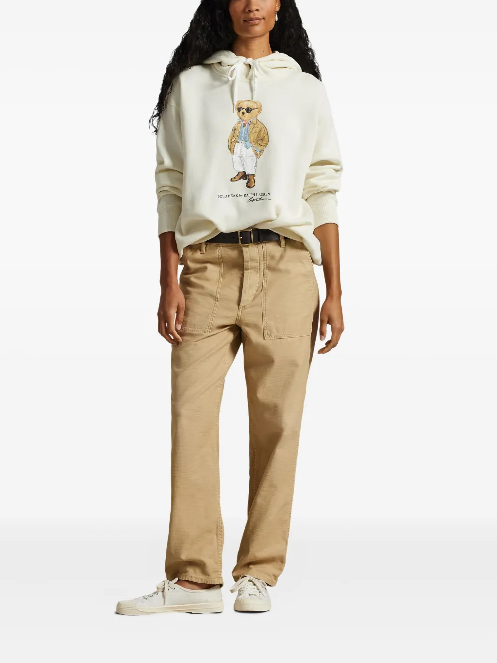 Polo Ralph Lauren Bear Hoodie Top Graphic Print Ribbed Cuffs In Neutral