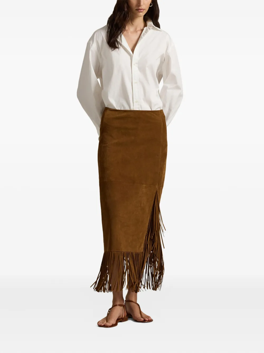 Polo Ralph Lauren Suede Fringed Midi Skirt In Brown