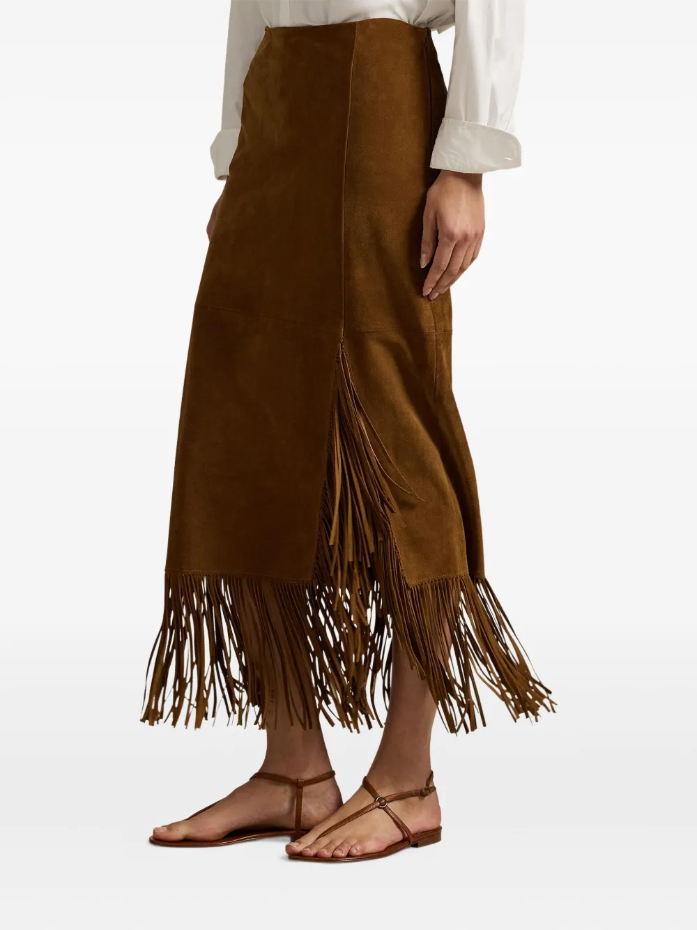 Polo Ralph Lauren Suede Fringed Midi Skirt In Brown
