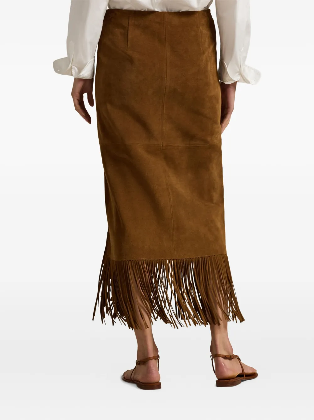 Polo Ralph Lauren Suede Fringed Midi Skirt In Brown