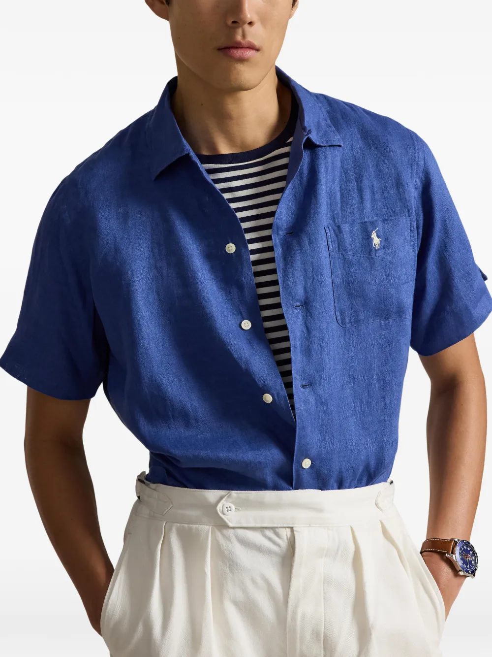 Polo Ralph Lauren Linnen overhemd met geborduurde zak Blauw