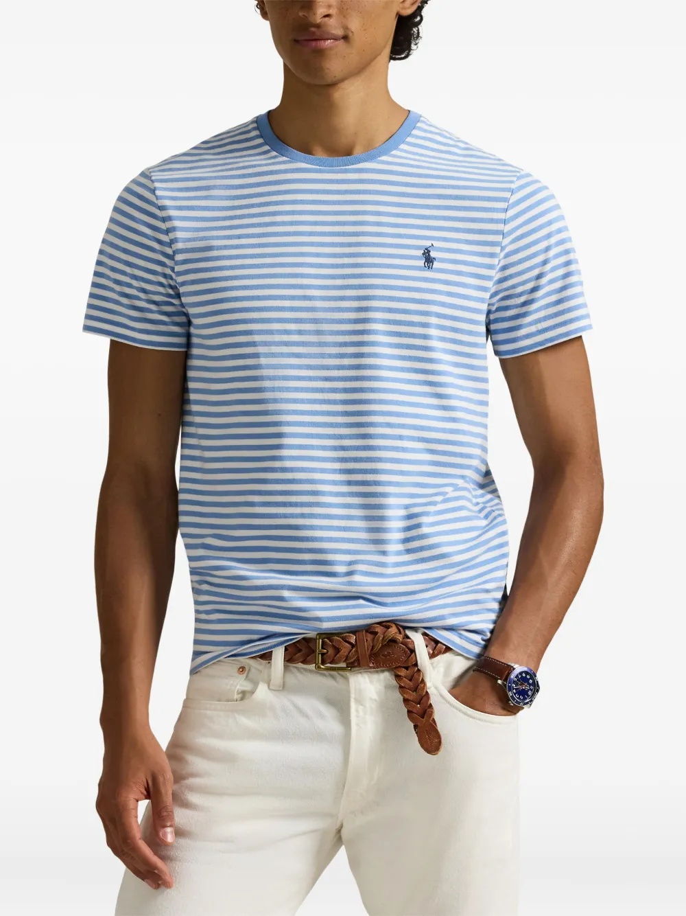 Polo Ralph Lauren Mens Blue Multi Striped Brand-embroidered Cotton-jersey T-shirt In Blue