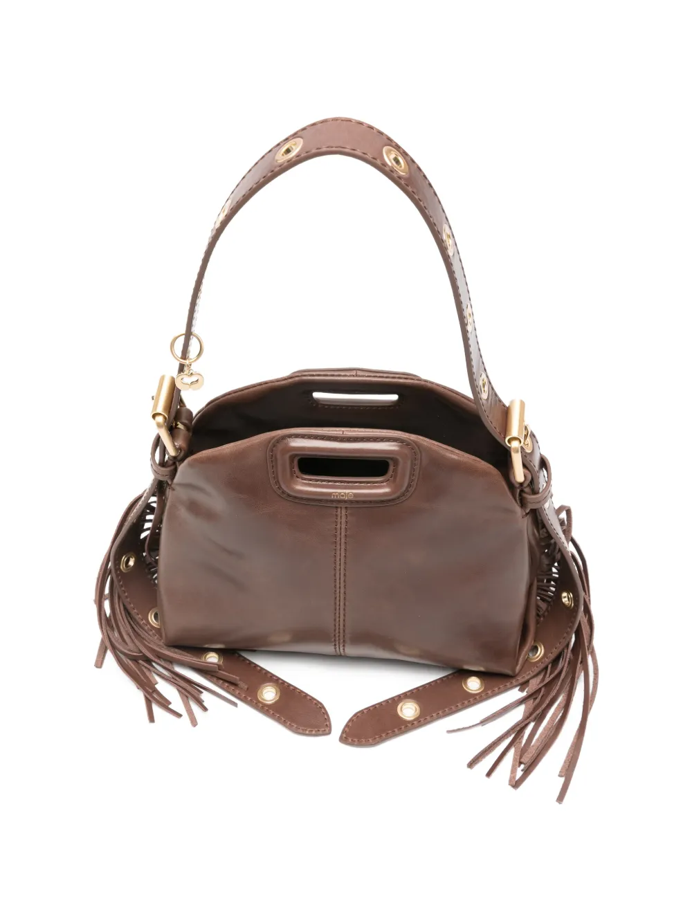 Maje Miss M leren mini-shopper met franje Bruin