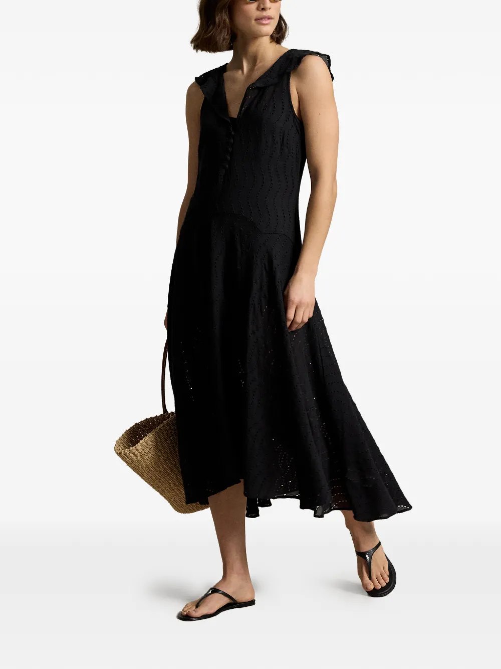 Polo Ralph Lauren Lynton midi-jurk met ruches Zwart