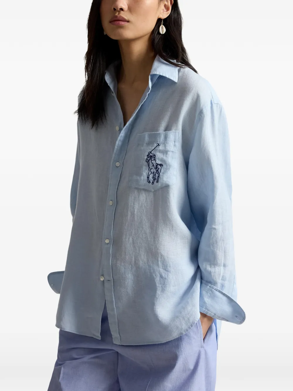 Polo Ralph Lauren Linnen blouse met geborduurd logo Blauw