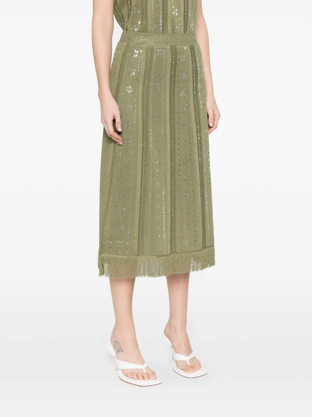 Maje Midi-rok met franje en bloemen Groen