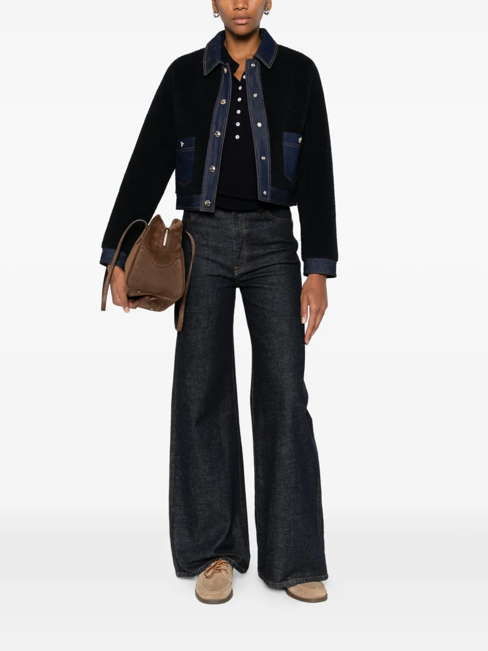  Maje Denim-trim Shearling Jacket - Blue 