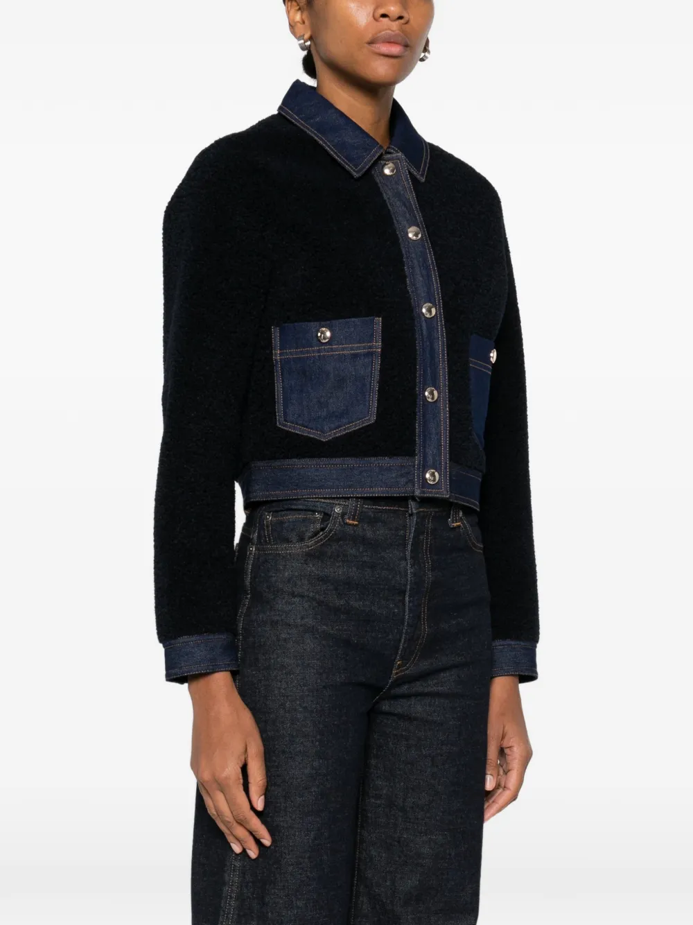  Maje Denim-trim Shearling Jacket - Blue 